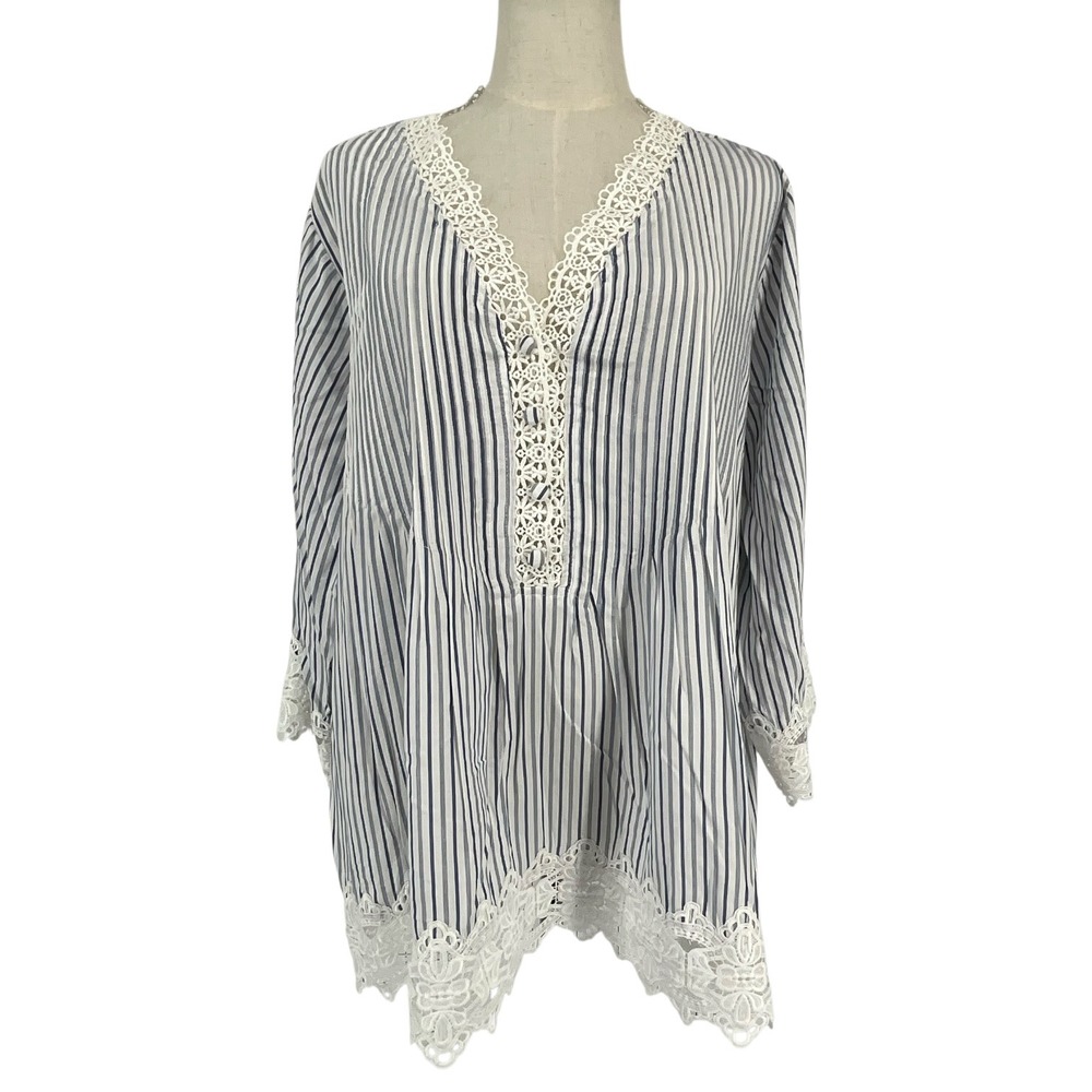 Chelsea & Theodore Woman Blue White Striped Lace Trim Tunic Top 1X Cottagecore - Picture 2 of 11